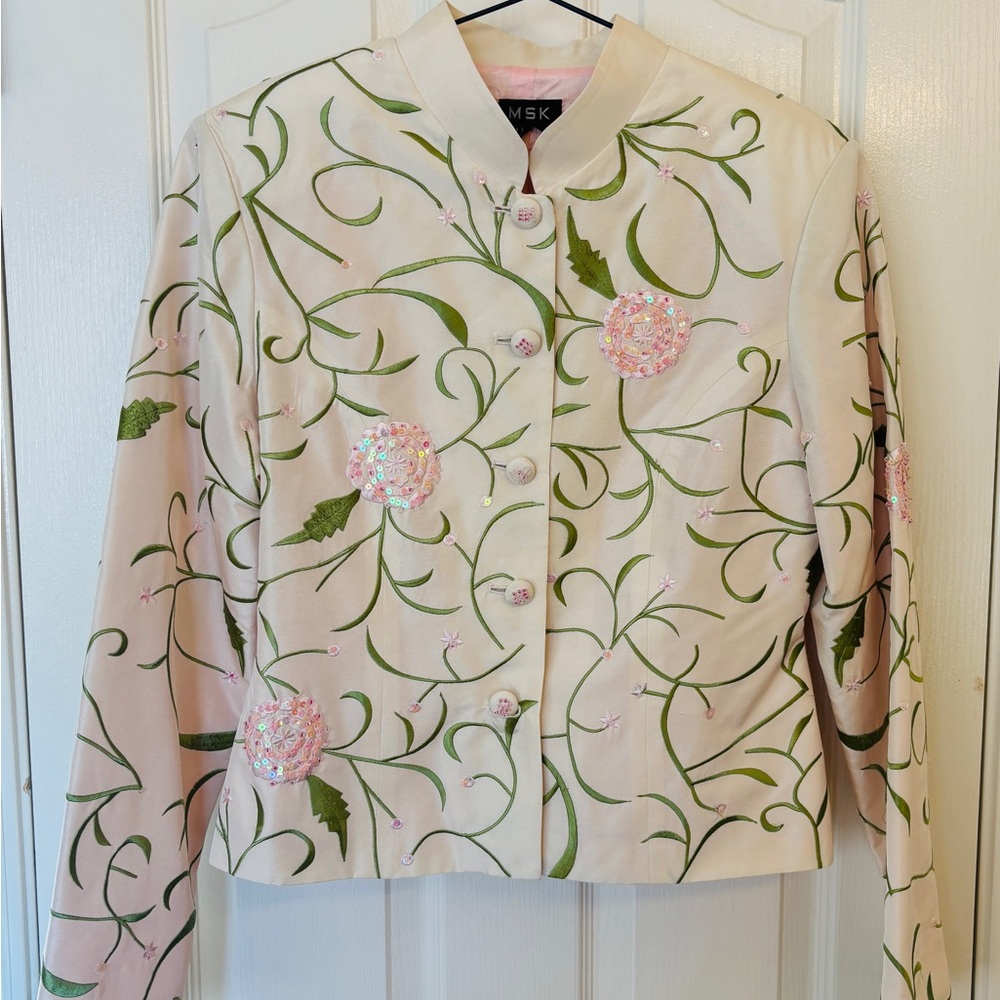 MSK Easter/Spring 100% Silk Floral White Jacket w/ Pink Lining Women’s Medium - Picture 4 of 11